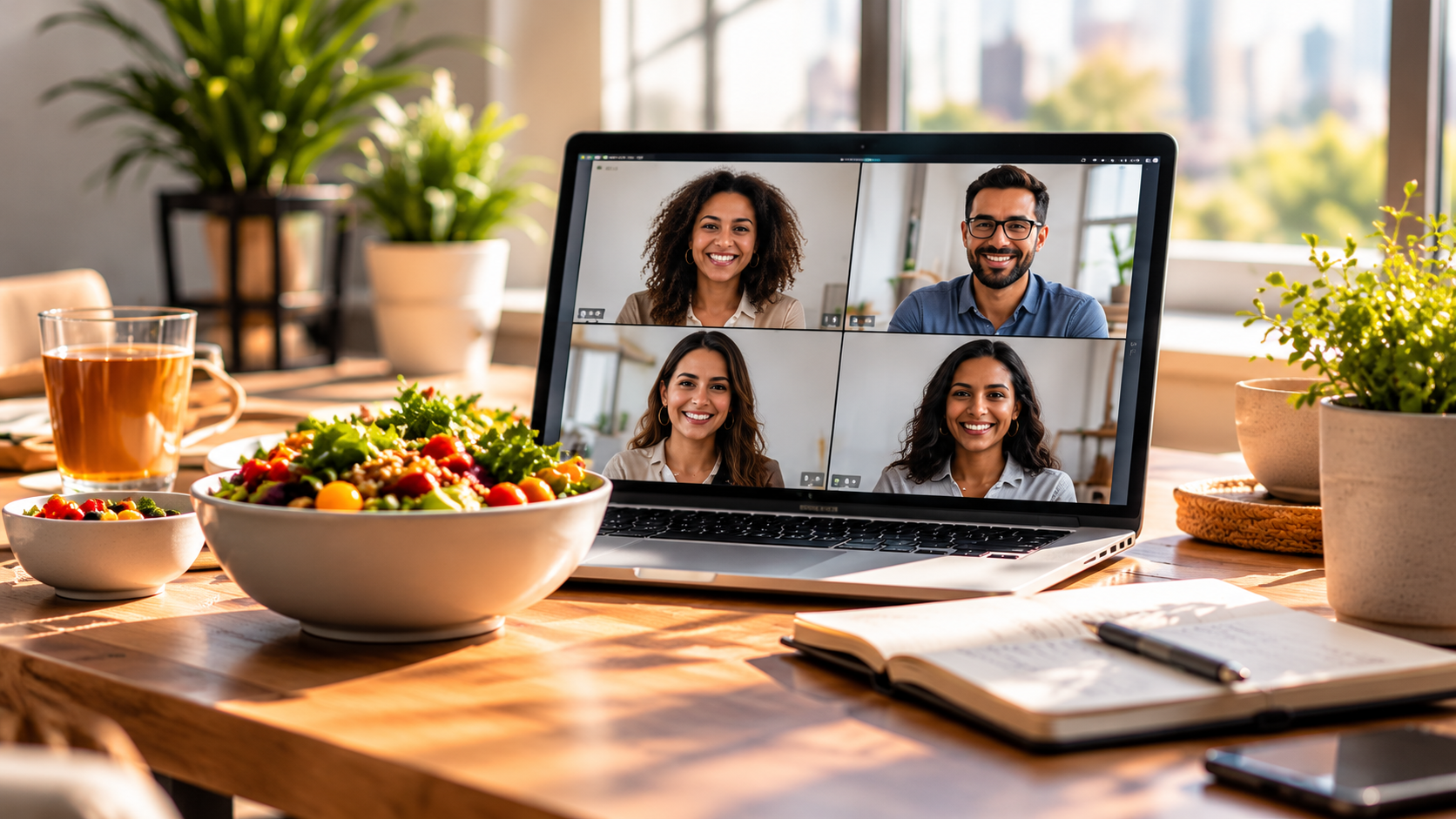 Remote team members sharing a virtual lunch discussion