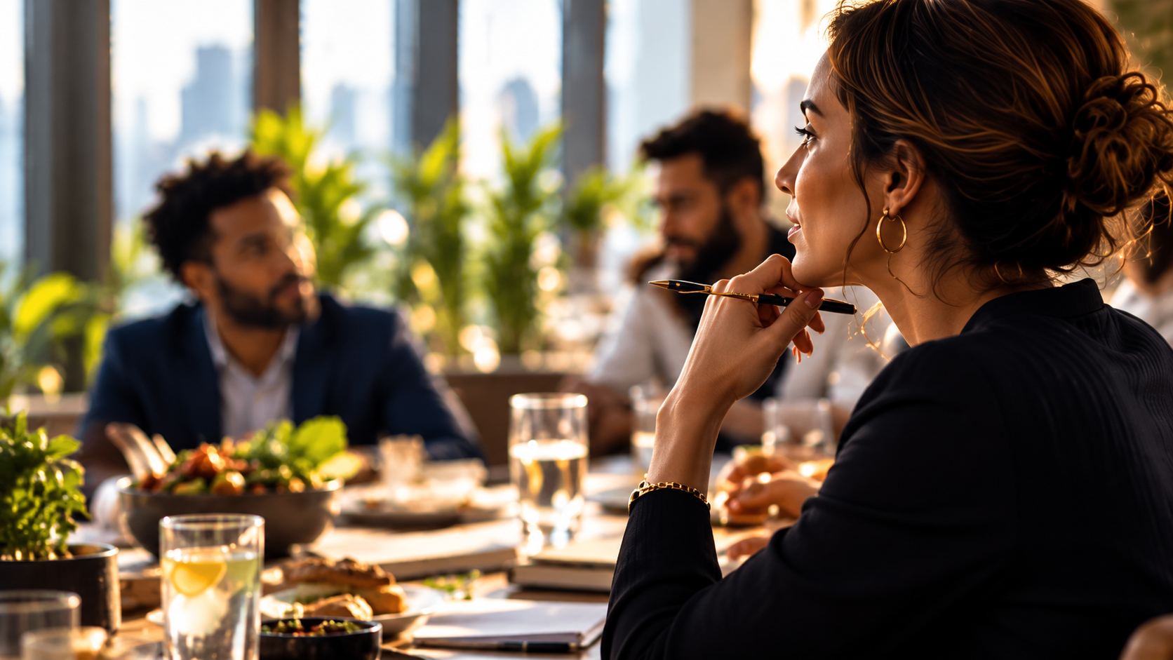 Thoughtful conversation among colleagues at lunch